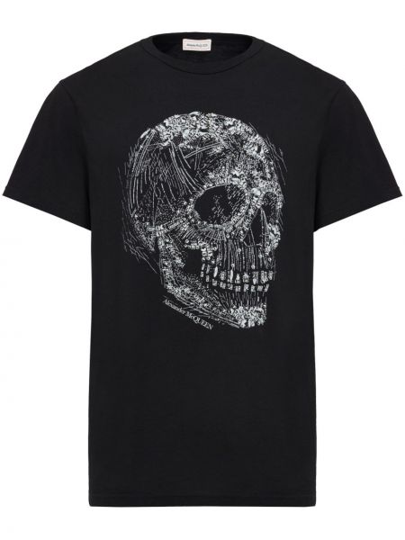 T-shirt di cotone con stampa con cristalli Alexander Mcqueen nero