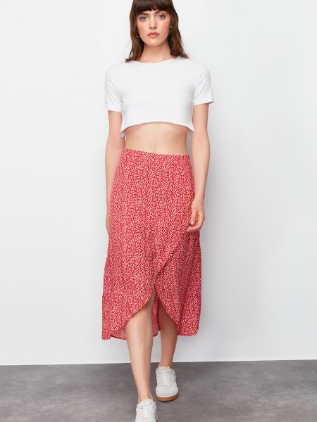 Pletena midi suknja s cvjetnim printom Trendyol crvena