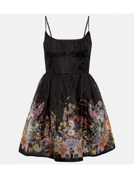 Virágos selyem lenvászon ruha Zimmermann fekete