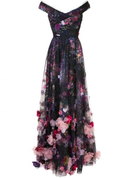 Вечернее платье в цветочный принт Marchesa Notte, черное