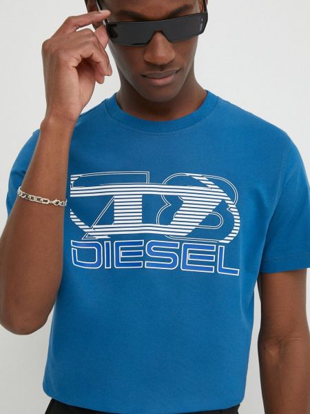Koszulka bawełniana z nadrukiem Diesel niebieska