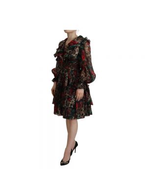 Jedwabna sukienka mini w panterkę z falbankami Dolce And Gabbana brązowa
