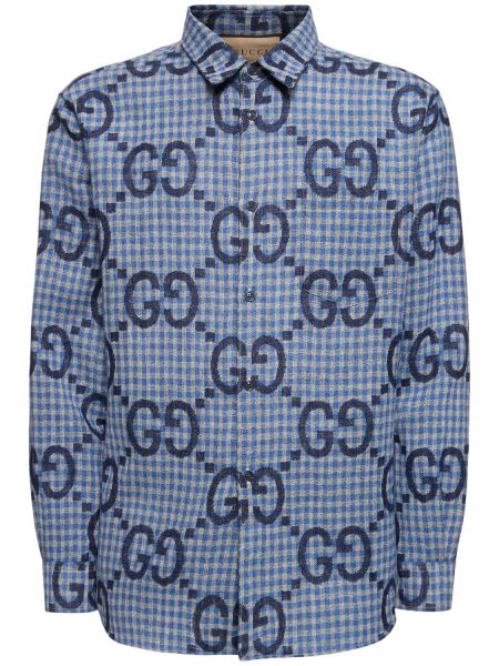 Chemise en laine en laine à carreaux Gucci bleu
