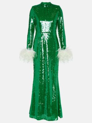 Dlouhé šaty s perím Self-portrait zelená