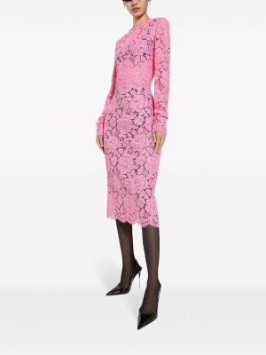 Nėriniuotas gėlėtas midi suknele Dolce & Gabbana rožinė
