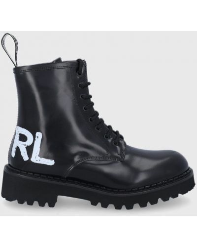 Kožené kotníkové boty na podpatku na plochém podpatku Karl Lagerfeld černé