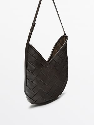 Кожаная плетеная сумка Massimo Dutti коричневая