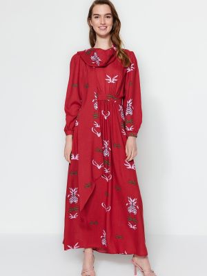 Obleka z vezalkami s cvetličnim vzorcem s šal ovratnikom Trendyol rdeča