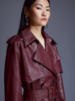 Кожаный пальто с поясом из искусственной кожи Karen Millen красный