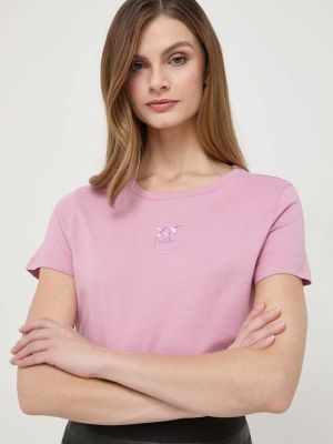 Haftowana koszulka bawełniana slim fit Pinko różowa