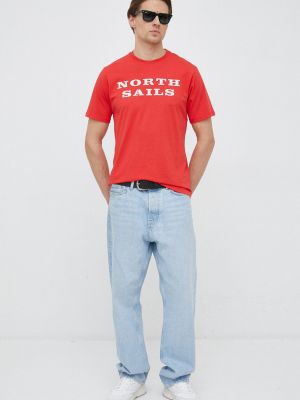 Памучна тениска с дълъг ръкав с принт North Sails червено