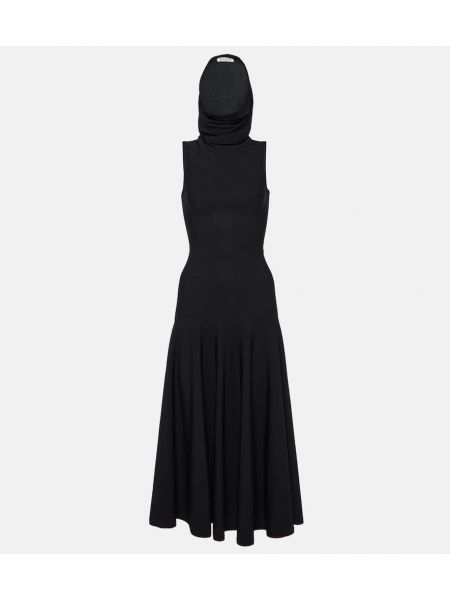 Midi šaty s kapucí jersey Alaïa černé