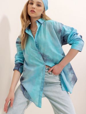 Koszula jeansowa zapinane na guziki bawełniane klasyczne Trend Alaçatı Stili - niebieski