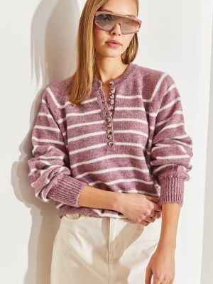 Svītrainas džemperis ar augstu apkakli ar pogām Bianco Lucci