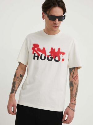 Памучна тениска с дълъг ръкав с принт Hugo бежово