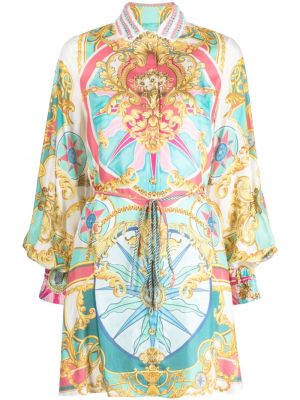 Svilena večerna obleka s potiskom z abstraktnimi vzorci Camilla bela