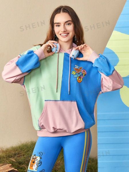 SHEIN Толстовка с капюшоном и карманами-кенгуру с цветными блоками и рисунком в виде мультфильма, многоцветный