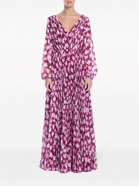 Plisované květinové večerní šaty s potiskem Monique Lhuillier růžové