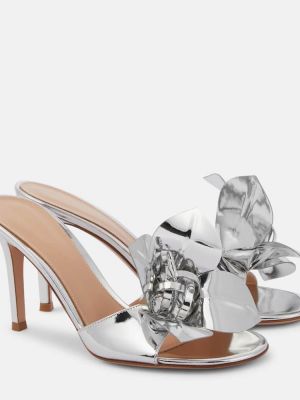 Papuci tip mules din piele cu model floral Gianvito Rossi argintiu