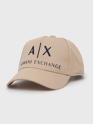 Памучна шапка с апликация Armani Exchange бежово