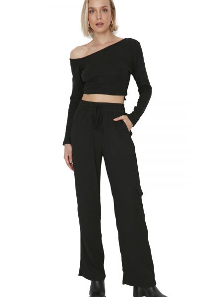 Pletené kalhoty s vysokým pasem relaxed fit Trendyol černé