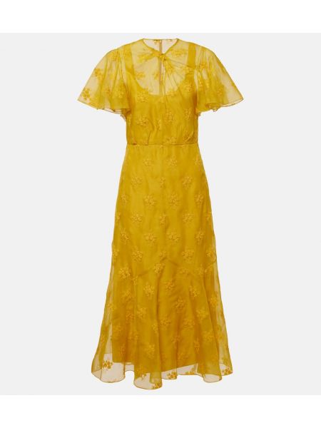 Jedwabna haftowana sukienka midi Erdem żółta