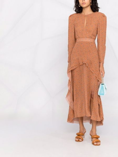 Seiden kleid mit print mit rüschen Ulyana Sergeenko braun
