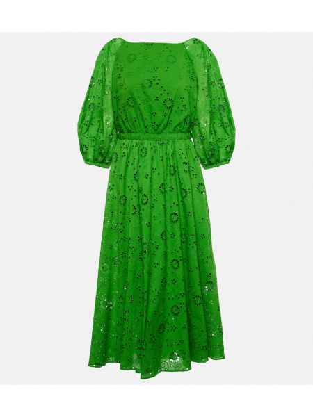 Ажурна памучна миди рокля бродирана Carolina Herrera зелено