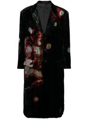Копринено палто от рипсено кадифе с принт Yohji Yamamoto черно