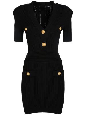 Mini haljina s v-izrezom kratki rukavi Balmain crna