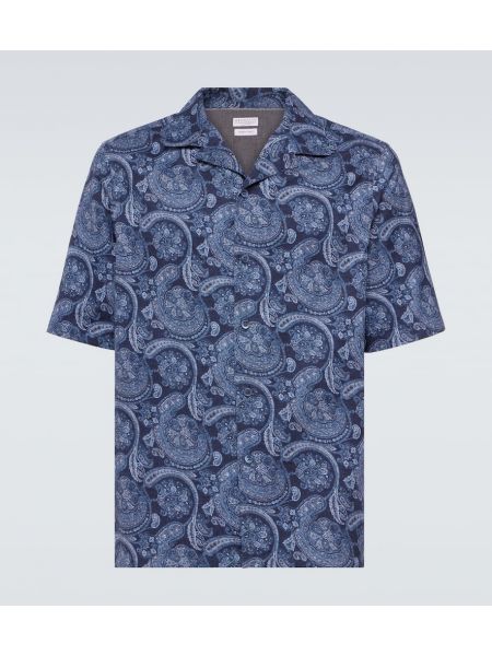 Kokvilnas krekls ar lāsīšu rakstu Brunello Cucinelli zils