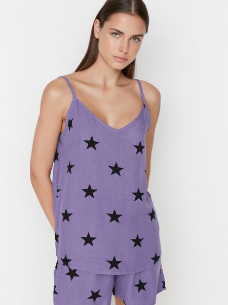 Hviezdne pletené viskózové pyžamo Trendyol fialová