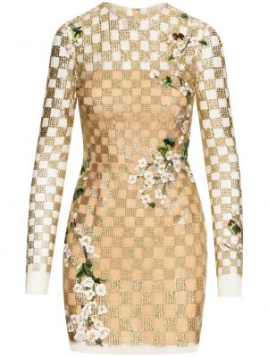 Jedwabna haftowana sukienka wieczorowa w kwiatki Oscar De La Renta złota