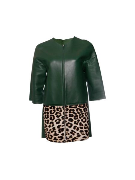 Veste de cuir à imprimé léopard Celine Vintage vert