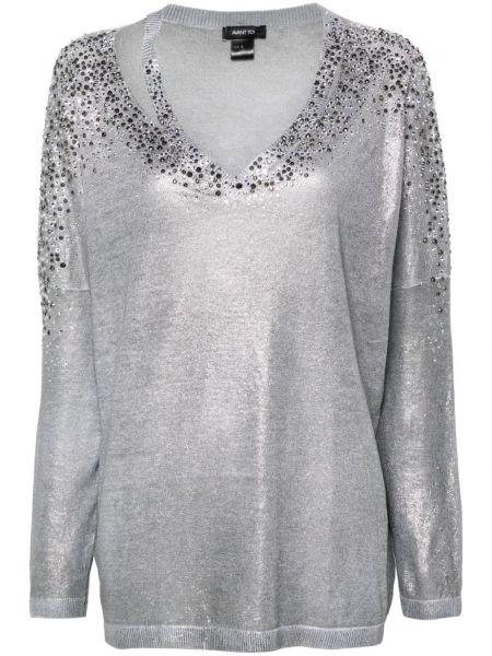 Пуловер с v-образно деколте с кристали Avant Toi сиво