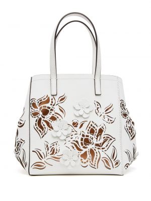 Usnjena nakupovalna torba s cvetličnim vzorcem Oscar De La Renta bela