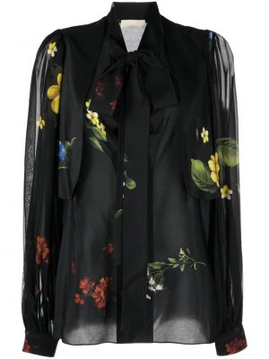 Svilena srajca s cvetličnim vzorcem s potiskom Elie Saab črna
