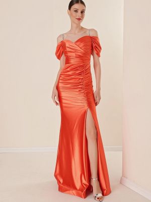 Плисирана сатенена макси рокля By Saygı оранжево