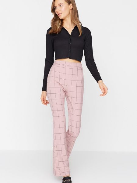 Pletené kalhoty s vysokým pasem Trendyol růžové
