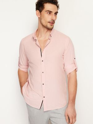 Памучна риза с копчета slim Trendyol розово