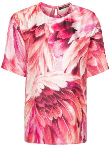 Hedvábné tričko s potiskem Roberto Cavalli růžové