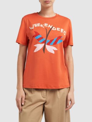 Kokvilnas t-krekls ar apdruku džersija Weekend Max Mara oranžs