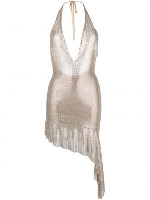 Коктейлна рокля с v-образно деколте с кристали Giuseppe Di Morabito сребристо