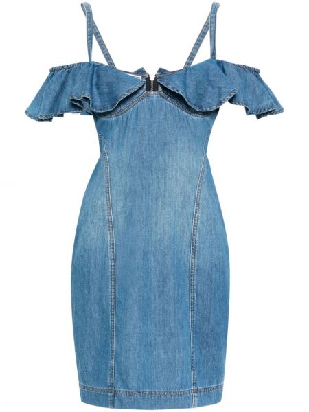 Sukienka mini z falbankami Moschino Jeans niebieska