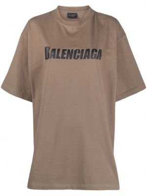 Памучна тениска с принт Balenciaga кафяво