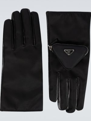 Nylonowe rękawiczki skórzane Prada czarne