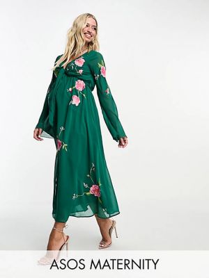 Платье миди с вышивкой на пуговицах Asos зеленое