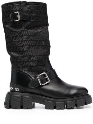 Žakárové kožené členkové topánky Love Moschino čierna