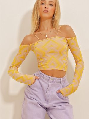 Плетена блуза с дълъг ръкав Trend Alaçatı Stili жълто