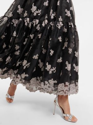 Rochie lunga cu broderie de mătase cu model floral Erdem negru